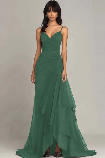 Ink Blue Spaghetti Straps Ruched Chiffon Long Formal Dress