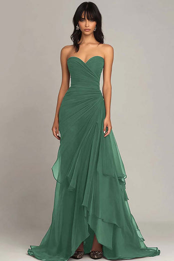 Dark Brown Sweetheart Sheath Tiered Long Chiffon Formal Dress