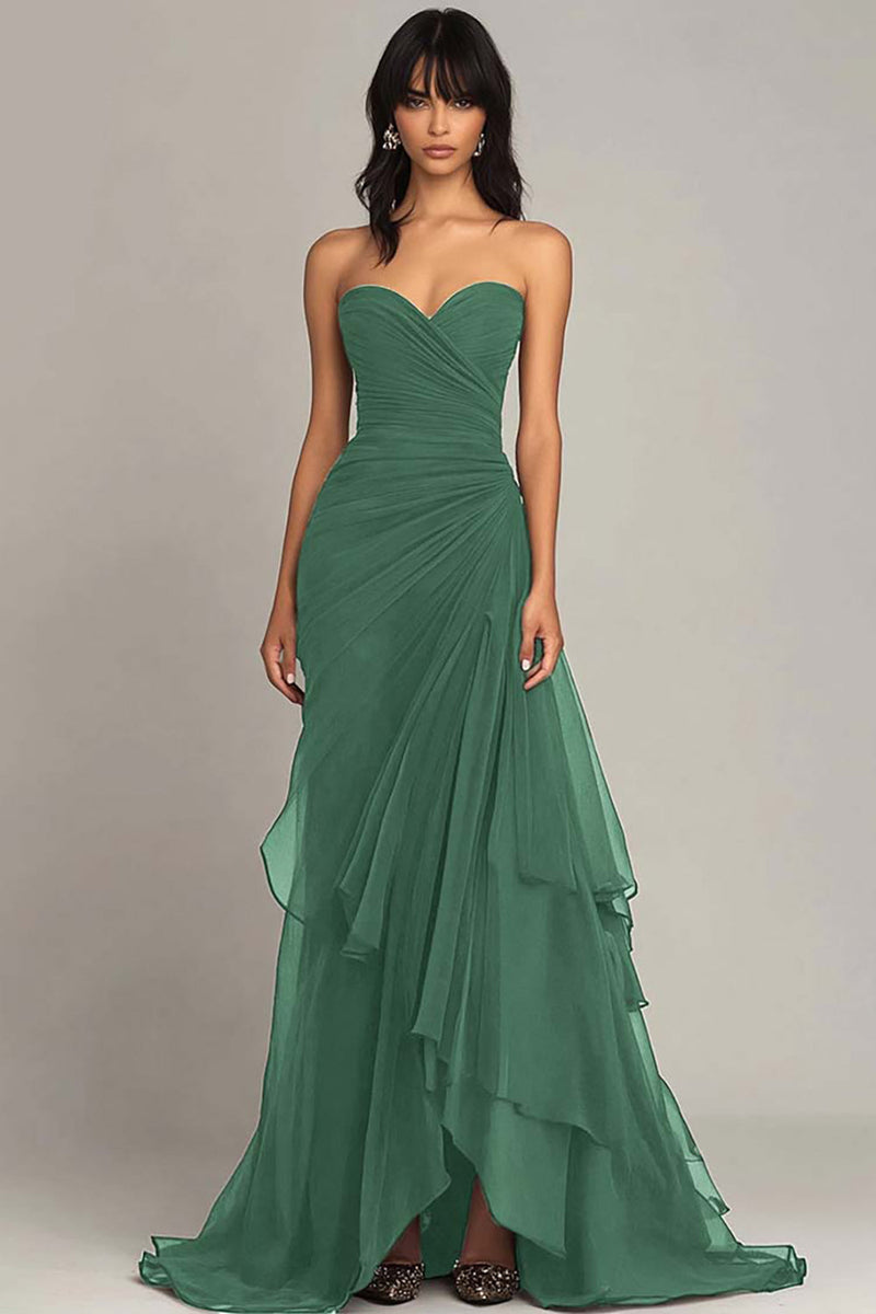 Load image into Gallery viewer, Dark Brown Sweetheart Sheath Tiered Long Chiffon Formal Dress