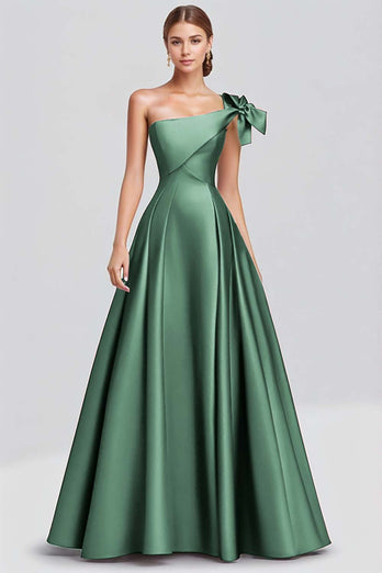 Dusty Sage Ball Gown One Shoulder Satin Long Formal Dress