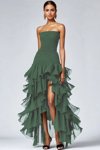 Black Strapless Tulle Tiered A-Line Formal Dress