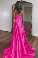 Load image into Gallery viewer, Fuchsia  A-Line Corset Satin Long Formal Dress with Slit