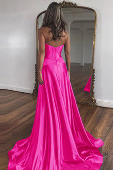 Fuchsia  A-Line Corset Satin Long Formal Dress with Slit