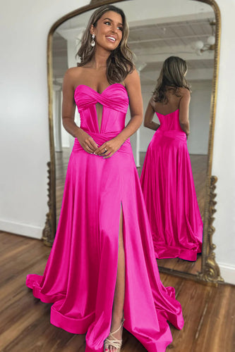 Fuchsia  A-Line Corset Satin Long Formal Dress with Slit