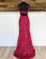 Load image into Gallery viewer, Sheath Spaghetti Straps Red Sequins Formal Dress with Split Front