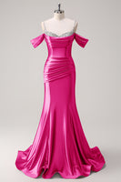 Load image into Gallery viewer, Sparkly Blush Off The Shoulder Long Satin Formal Dress