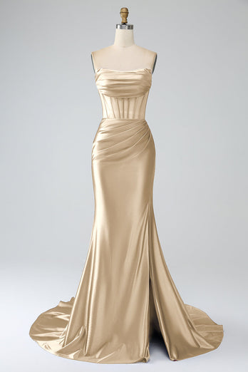 Blush Pink Satin Mermaid Strapless Corset Long Formal Dress with Slit