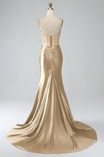 Blush Pink Satin Mermaid Strapless Corset Long Formal Dress with Slit