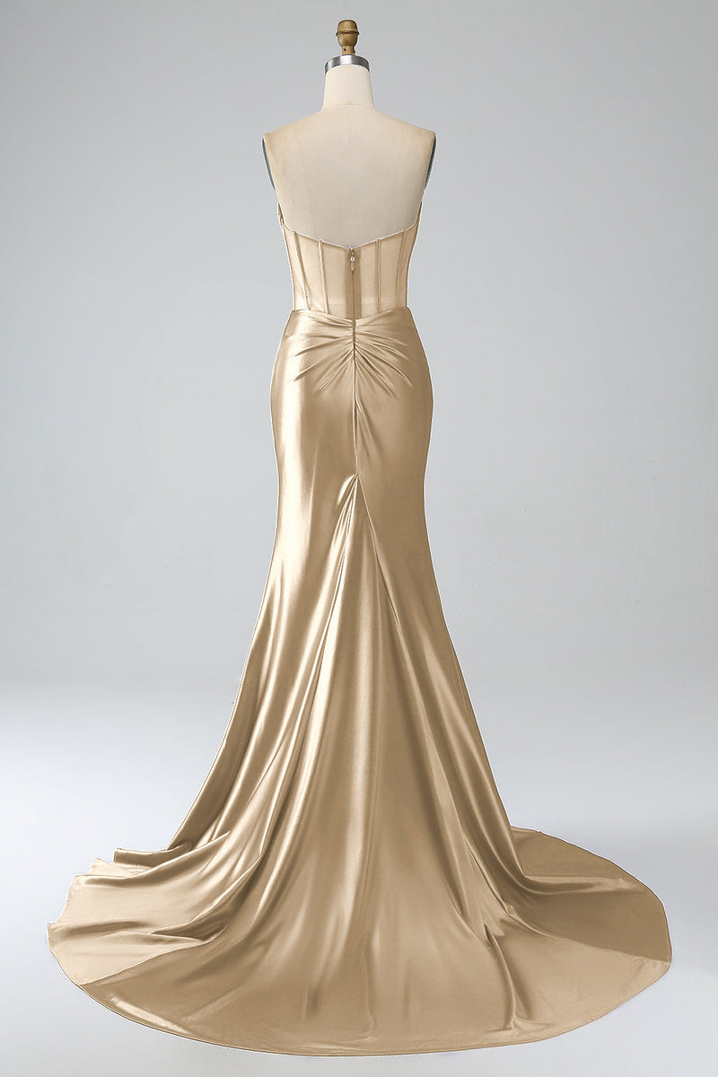 Load image into Gallery viewer, Blush Pink Satin Mermaid Strapless Corset Long Formal Dress with Slit