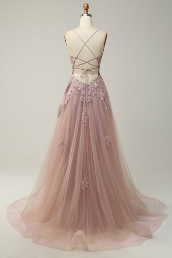 Dark Green Spaghetti Straps Tulle A Line Long Formal Dress with Appliques