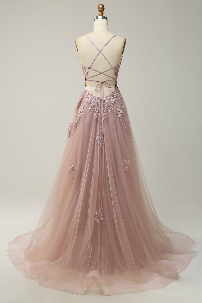 Load image into Gallery viewer, Dark Green Spaghetti Straps Tulle A Line Long Formal Dress with Appliques