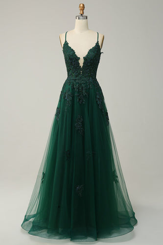 Zapaka Women Dark Green Long Formal Dress A Line Spaghetti Straps Evening Dress with Criss Cross Back