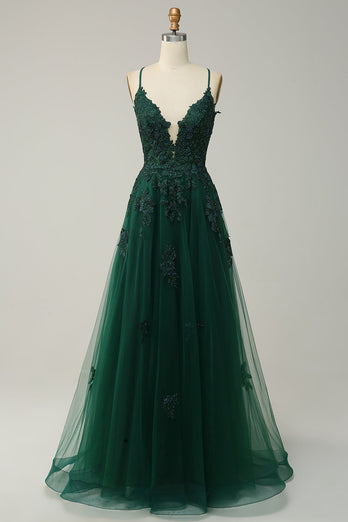 Zapaka Women Dark Green Long Formal Dress A Line Spaghetti Straps Evening Dress with Criss Cross Back