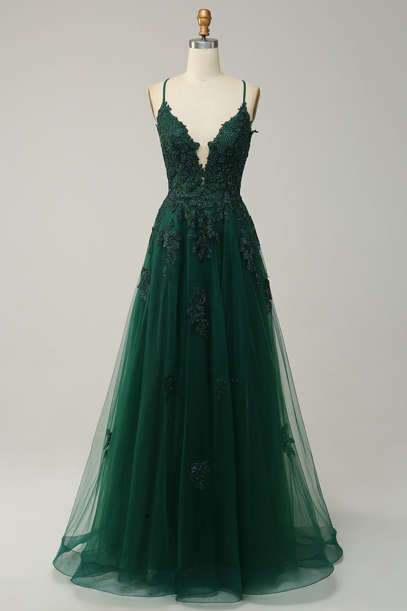 Load image into Gallery viewer, Zapaka Women Dark Green Long Formal Dress A Line Spaghetti Straps Evening Dress with Criss Cross Back