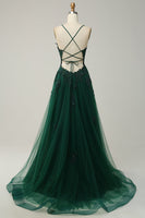 Load image into Gallery viewer, Dark Green Spaghetti Straps Tulle A Line Long Formal Dress with Appliques