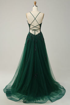 Dark Green Spaghetti Straps Tulle A Line Long Formal Dress with Appliques
