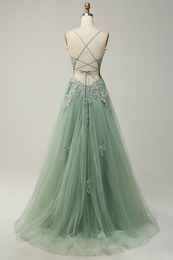 Dark Green Spaghetti Straps Tulle A Line Long Formal Dress with Appliques