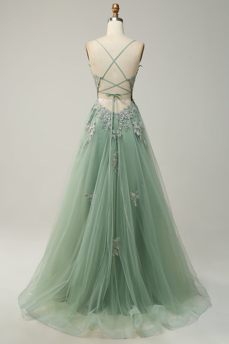 Load image into Gallery viewer, Dark Green Spaghetti Straps Tulle A Line Long Formal Dress with Appliques