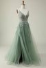 Load image into Gallery viewer, Dark Green Spaghetti Straps Tulle A Line Long Formal Dress with Appliques