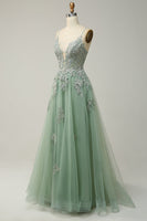 Load image into Gallery viewer, Dark Green Spaghetti Straps Tulle A Line Long Formal Dress with Appliques