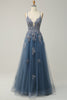 Load image into Gallery viewer, Dark Green Spaghetti Straps Tulle A Line Long Formal Dress with Appliques