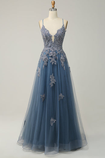 Dark Green Spaghetti Straps Tulle A Line Long Formal Dress with Appliques