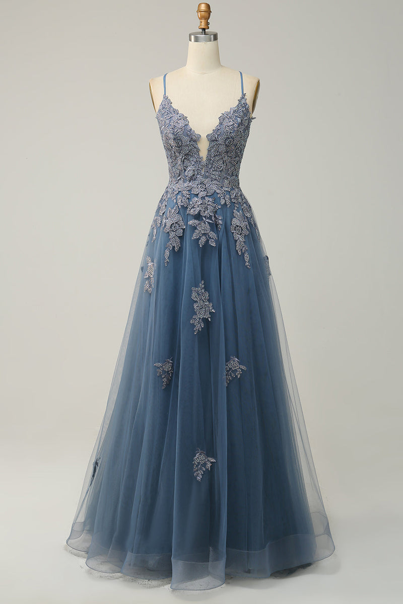Load image into Gallery viewer, Dark Green Spaghetti Straps Tulle A Line Long Formal Dress with Appliques