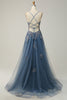 Load image into Gallery viewer, Dark Green Spaghetti Straps Tulle A Line Long Formal Dress with Appliques