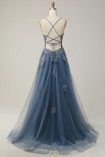 Dark Green Spaghetti Straps Tulle A Line Long Formal Dress with Appliques