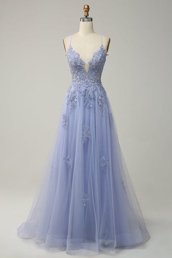 Dark Green Spaghetti Straps Tulle A Line Long Formal Dress with Appliques