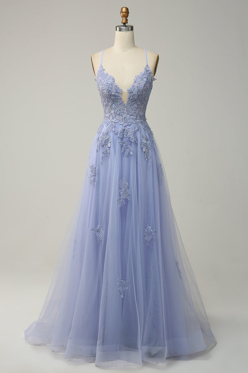 Load image into Gallery viewer, Dark Green Spaghetti Straps Tulle A Line Long Formal Dress with Appliques