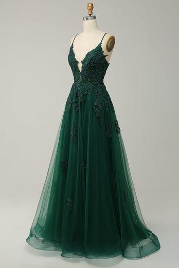 Dark Green Spaghetti Straps Tulle A Line Long Formal Dress with Appliques