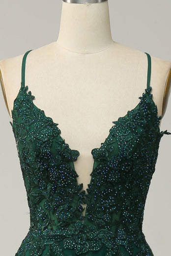 Dark Green Spaghetti Straps Tulle A Line Long Formal Dress with Appliques