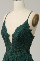 Load image into Gallery viewer, Dark Green Spaghetti Straps Tulle A Line Long Formal Dress with Appliques