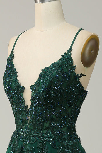 Dark Green Spaghetti Straps Tulle A Line Long Formal Dress with Appliques