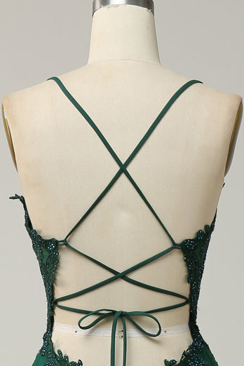 Dark Green Spaghetti Straps Tulle A Line Long Formal Dress with Appliques