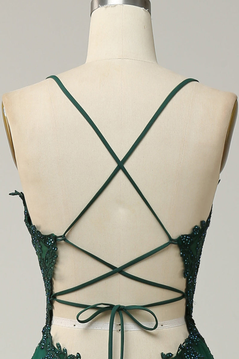 Load image into Gallery viewer, Dark Green Spaghetti Straps Tulle A Line Long Formal Dress with Appliques