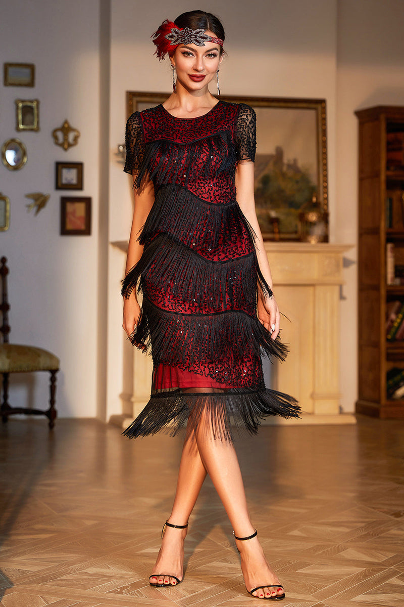 Load image into Gallery viewer, Black Red Beaded Gatsby Fringed Flapper Dress