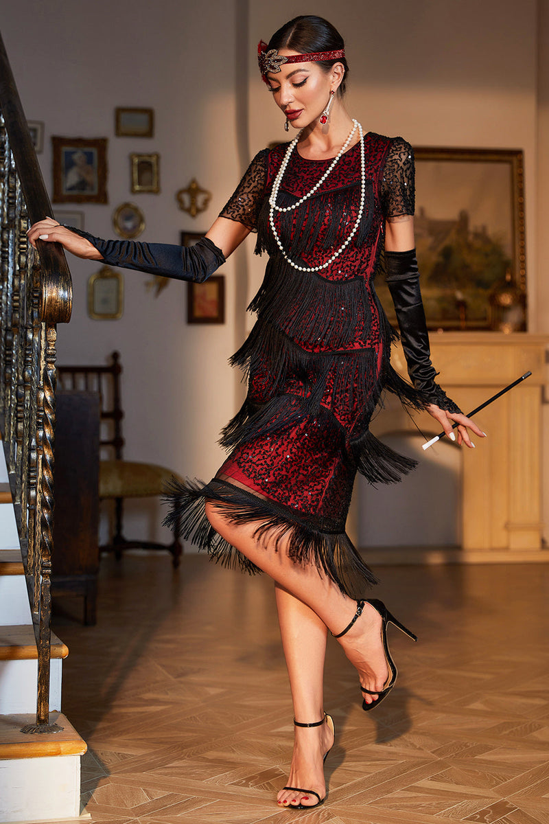 Load image into Gallery viewer, Black Red Beaded Gatsby Fringed Flapper Dress