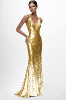 Load image into Gallery viewer, Sparkly Silver Sequin Mermaid Deep V-Neck Long Formal Dress