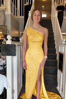 Load image into Gallery viewer, Sheath One Shoulder White Sequins Long Formal Dress with Split Front