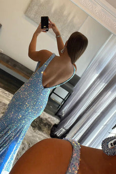 Sparkly Light Blue Deep V Neck Mermaid Formal Dress