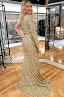 Load image into Gallery viewer, Golden One Shoulder Sequined Formal Dress