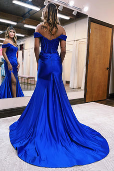 Sparkly Royal Blue Corset Mermaid Long Formal Dress with Slit