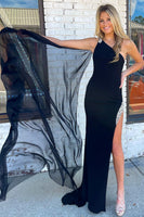 Load image into Gallery viewer, Mermaid One Shoulder Black Long Formal Dress with Split Front