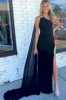 Load image into Gallery viewer, Mermaid One Shoulder Black Long Formal Dress with Split Front