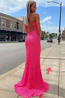 Load image into Gallery viewer, Sparkly Fuchsia Backless Sequins Long Formal Dress with Slit
