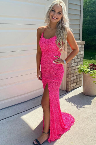 Sparkly Fuchsia Backless Sequins Long Formal Dress with Slit