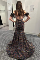 Load image into Gallery viewer, Mermaid Off the Shoulder Purple Sequins Cut Out Formal Dress with Feathers