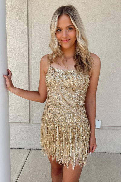 Sparkly Golden Spaghetti Straps Sequins Fringed Tight Short Formal Dress